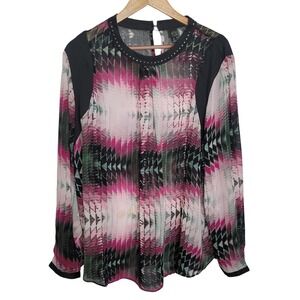 6th & LN Blouse 26 Pink Black Geometric Studded Sheer Top Whimsigoth Office Boho